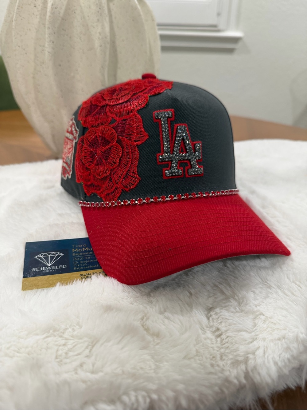 Embellished Red and Gray LA Baseball Cap